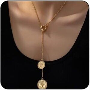 Elegant Gold Y-Shaped Necklace for Women with Coin Discs, Bohemian Style, 37cm C
